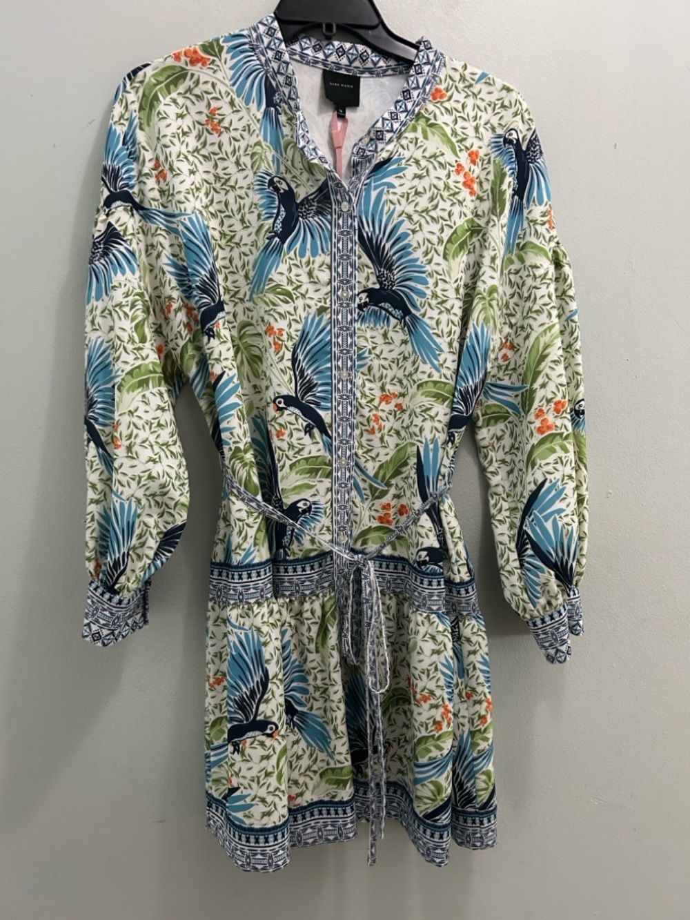 Blue Tropical Print Dress with Tie Belt - Picture 4 of 7